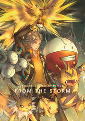  1boy bird blonde_hair electabuzz electricity electrode english_text flying holding holding_poke_ball jolteon legendary_pokemon long_sleeves magneton male_focus payoki pikachu poke_ball poke_ball_(generic) pokemon pokemon_(game) pokemon_go spark_(pokemon) standing team_instinct yellow_theme zapdos 