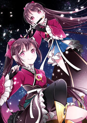  2girls amane_tsukasa amane_tsukuyo ayumaru_(art_of_life) black_gloves blush bow breasts brown_hair closed_mouth collarbone commentary fingerless_gloves flower gloves hairbow highres holding holding_instrument instrument long_hair looking_at_viewer magia_record:_mahou_shoujo_madoka_magica_gaiden magical_girl mahou_shoujo_madoka_magica multiple_girls ponytail red_eyes siblings sidelocks sisters smile twins 