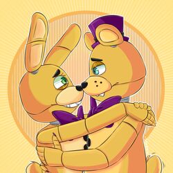  1:1 animatronic anthro bear black_nose blue_eyes bow_tie buckteeth button_(fastener) claws clothing dipstick_ears duo ear_markings eyebrows eyelashes fingers five_nights_at_freddy&#039;s freckles fredbear_(fnaf) fur green_eyes half-closed_eyes hat headgear headwear lagomorph leporid long_ears machine male mammal multicolored_ears narrowed_eyes purple_claws rabbit robot romantic romantic_couple scottgames signature slopsa-mind small_tail spring_bonnie_(fnaf) tail teeth yellow_body yellow_fur 