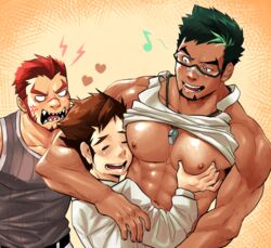  3boys abs akashi_(live_a_hero) angry bara black_hair blush brown_hair cho_rin clothes_lift dark-skinned_male dark_skin face_to_pecs facial_hair goatee grabbing gradient_hair green_hair grey_tank_top happy_sex head_on_chest interracial jealous kyoichi_(live_a_hero) live_a_hero long_sideburns male_focus male_protagonist_(live_a_hero) multicolored_hair multiple_boys muscular muscular_male navel nipples pectoral_grab pectoral_pillow pectoral_press pectorals red_hair sharp_teeth shirt_lift short_hair sideburns tank_top teeth thick_eyebrows two-tone_hair upper_body white_tank_top yaoi 