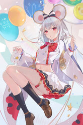  absurdres animal animal_ears ankle_socks ass balloon black_socks bow bowtie bridal_garter brooch collared_shirt commentary_request crop_top crop_top_overhang fake_animal_ears female granblue_fantasy hair_ornament hairband hairclip heart heart_brooch highres holding holding_balloon jewelry loafers long_sleeves looking_at_viewer midriff miniskirt mouse_(animal) mouse_ears navel parted_lips photoshop_(medium) pleated_skirt red_eyes serika shirt shoes short_hair skirt socks solo thigh_strap vikala_(granblue_fantasy) white_hair white_shirt white_skirt wide_sleeves 