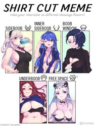  1boy 5girls absurdres bikini bikini_top_only blue_hair borrowed_clothes bottle braid breasts brown_hair chart cleavage_cutout clothes_lift clothing_cutout cocktail_glass corrin_(female)_(fire_emblem) corrin_(fire_emblem) covered_nipples cup drinking drinking_glass eir_(fire_emblem) english_text fire_emblem fire_emblem:_the_binding_blade fire_emblem:_three_houses fire_emblem_fates fire_emblem_heroes grey_hair highres large_breasts lilina_(fire_emblem) loki_(fire_emblem) long_hair looking_at_viewer medium_breasts meme multiple_drawing_challenge multiple_girls no_bra o-ring o-ring_bikini open_clothes pointy_ears ritence roy_(fire_emblem) shamir_nevrand shirt_cut_meme shirt_lift short_hair sideboob smile sweat swimsuit underboob water_bottle 