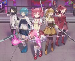  5girls absurdres akemi_homura akemi_homura_(magical_girl) ankle_ribbon ankle_strap arm_warmers armpits arrow_(projectile) beige_shirt black_bow black_hair black_shirt blonde_hair blue_eyes blue_footwear blue_hair blue_shirt blue_skirt boots bow bow_(weapon) breast_cutout breasts brown_corset brown_footwear brown_gloves brown_headwear brown_legwear building cape choker closed_mouth collarbone commentary concrete corset detached_sleeves dress dress_bow drill_hair dual_wielding expressionless fingerless_gloves fire flower fortissimo frilled_dress frilled_gloves frilled_legwear frilled_shirt frilled_skirt frilled_sleeves frills full_body gloves gun hair_between_eyes hair_flower hair_ornament hairband hairbow hairclip hand_in_own_hair hand_up hat high_collar high_heel_boots high_heels highres holding holding_arrow holding_bow_(weapon) holding_gun holding_polearm holding_sword holding_weapon jewelry kaname_madoka kaname_madoka_(magical_girl) leg_ribbon light_blush light_frown light_smile long_hair long_sleeves looking_at_viewer looking_to_the_side magical_girl mahou_shoujo_madoka_magica mahou_shoujo_madoka_magica_(anime) medium_breasts medium_hair miki_sayaka miki_sayaka_(magical_girl) miniskirt multicolored_clothes multicolored_dress multicolored_footwear multicolored_shirt multiple_girls musical_note musical_note_hair_ornament musket neck_ribbon necktie night parted_bangs parted_lips pink_bow pink_dress pink_eyes pink_fire pink_hair pink_skirt pleated_skirt polearm ponytail puffy_dress puffy_short_sleeves puffy_sleeves purple_eyes purple_hairband purple_legwear purple_shirt purple_skirt railing red_choker red_dress red_eyes red_footwear red_hair ribbon rooftop sakura_kyoko sakura_kyoko_(magical_girl) shield shimizu_tomoki shirt short_dress short_hair short_sleeves sidelocks skirt sleeveless sleeveless_dress small_breasts socks soul_gem spear straight_hair striped_clothes striped_thighhighs swept_bangs sword thigh_boots thighhighs tomoe_mami tomoe_mami_(magical_girl) trigger_discipline twintails v-shaped_eyebrows vertical-striped_clothes vertical-striped_thighhighs very_long_hair weapon white_cape white_dress white_gloves white_shirt white_socks white_thighhighs white_trim yellow_dress yellow_eyes yellow_footwear yellow_skirt zettai_ryouiki 