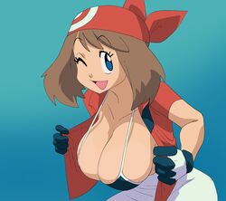  absurdres alternate_breast_size bandana bikini blue_bikini blue_eyes blue_gloves breasts brown_hair cleavage commentary female gloves hanging_breasts highres huge_breasts inker_comics large_breasts looking_at_viewer may_(pokemon) medium_hair one_eye_closed open_clothes open_mouth open_shirt pokemon pokemon_rse red_bandana red_shirt shirt short_sleeves smile solo swimsuit symbol-only_commentary teasing white_gloves 