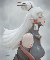  bare_shoulders breasts facial_mark female hair_ornament hair_stick half-closed_eyes highres jewelry kumanz large_breasts long_hair looking_at_viewer looking_to_the_side makeup necklace paya_(zelda) pointy_ears profile rain sidelocks signature solo the_legend_of_zelda the_legend_of_zelda:_breath_of_the_wild white_hair 