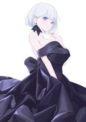  bare_shoulders black_dress blue_eyes breasts cleavage commentary dress earrings female hair_ornament hairclip hand_up highres jewelry large_breasts original ring simple_background solo standing vivid507 white_background white_hair 