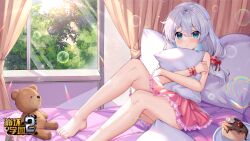  bare_shoulders barefoot bed bedroom benghuai_xueyuan blue_eyes blue_sky cake cake_slice closed_mouth copyright_name curtains feet female flower food foot_out_of_frame frilled_skirt frills highres holding honkai_(series) hugging_object indoors knee_up legs logo long_hair looking_at_viewer official_art pajamas pillow pink_flower pink_skirt plate second-party_source side_ponytail sitting skirt sky solo stuffed_animal stuffed_toy teddy_bear theresa_apocalypse theresa_apokalypse toenails toes tree white_hair window 