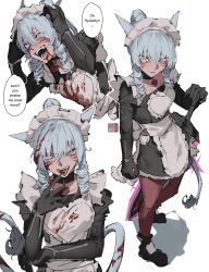  animal_ears apron black_choker black_dress black_gloves blood blood_in_hair blood_in_mouth blood_on_face blue_hair blush cat_ears cat_girl cat_tail choker closed_mouth commentary dark_knight_(final_fantasy) dress drill_hair elbow_gloves english_commentary english_text facial_mark fangs female final_fantasy final_fantasy_xiv flying-frappuccino gloves heart heart_choker highres holding holding_sword holding_weapon long_hair looking_at_viewer maid_apron maid_headdress miqo&#039;te multiple_views open_mouth pantyhose ponytail purple_eyes red_pantyhose shadow simple_background slit_pupils speech_bubble standing sweat sword tail tongue tongue_out twin_drills warrior_of_light_(ff14) weapon whisker_markings white_apron white_background 