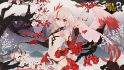  :d absurdres asymmetrical_gloves bare_shoulders benghuai_xueyuan bird blue_flower breasts brown_gloves cherry_blossoms china_dress chinese_clothes copyright_name dress elbow_gloves female flower fu_hua fu_hua_(phoenix) gloves grey_sky grin hair_between_eyes hair_ornament highres holding holding_lantern honkai_(series) jingwei_(bird) lantern logo long_hair looking_at_viewer mismatched_gloves mogomaco mountainous_horizon multicolored_hair official_art outdoors phoenix pink_flower red_eyes red_flower red_gloves red_hair second-party_source single_bare_shoulder sky small_breasts smile solo streaked_hair teeth tree upper_body white_dress white_hair 