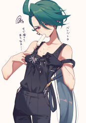  adapted_costume ahoge alternate_costume bare_arms black_gloves black_pants black_suspenders black_tank_top bright_pupils brown_background collarbone commentary_request dot_nose ear_piercing earrings eyes_visible_through_hair female flat_chest food food_in_mouth food_on_clothes gloves green_hair green_nails highres hot jewelry light_blush long_hair looking_down low_neckline melting_popsicle miri_(cherryjelly) nail_polish pants piercing pokemon pokemon_sv ponytail popsicle popsicle_in_mouth print_gloves red_eyes removing_glove rika_(pokemon) shirt_tucked_in simple_background solo squiggle standing suspenders suspenders_hanging sweat tank_top translation_request triangle_earrings very_long_hair white_pupils 