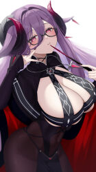  absurdres azur_lane black-framed_eyewear black_horns blush breasts brown_pantyhose cleavage covered_navel cowboy_shot curled_horns demon_horns female framed_breasts friedrich_carl_(azur_lane) glasses hair_between_eyes high-waist_pantyhose highres horns huge_breasts long_hair long_hair_between_eyes long_sleeves looking_at_viewer mole mole_under_mouth pantyhose pelvic_curtain pink_gemstone purple_eyes purple_hair rectangular_eyewear seele0907 semi-rimless_eyewear simple_background solo very_long_hair white_background 