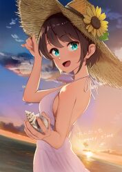  alternate_costume blue_eyes blue_sky breasts brown_hair cloud dress female flower halter_dress halterneck hat hat_flower highres holding_seashell hololive looking_at_viewer medium_breasts oozora_subaru open_mouth short_hair sideboob sky smile sun_hat sundress sunflower taachika twilight virtual_youtuber water 