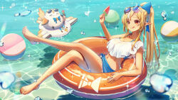  alternate_costume ball beachball bikini blonde_hair blue_bikini breasts cleavage cropped_shirt crossed_legs dark-skinned_female dark_elf dark_skin elf elfriend_(shiranui_flare) eyewear_on_head female food highres holding holding_food holding_popsicle hololive innertube large_breasts long_hair looking_at_viewer mascot multicolored_hair orange_eyes pointy_ears ponytail popsicle sakumichi shiranui_flare shirt smile streaked_hair sunglasses swim_ring swimsuit tongue tongue_out virtual_youtuber water watermelon_bar white_hair white_shirt 