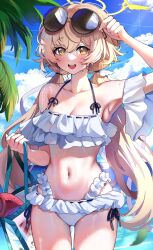  absurdres adjusting_eyewear bag bare_shoulders bikini blonde_hair blue_archive blue_sky blush breasts cloud commentary_request day eyewear_on_head female frilled_bikini frills halo hifumi_(blue_archive) hifumi_(swimsuit)_(blue_archive) highres holding holding_bag long_hair looking_at_viewer low_twintails medium_breasts navel official_alternate_costume open_mouth outdoors palm_leaf peroro_(blue_archive) ribbon-trimmed_bikini ribbon-trimmed_swimsuit ribbon_trim sak_(lemondisk) side-tie_bikini_bottom sky smile solo stomach sunglasses swimsuit twintails wet white_bikini yellow_eyes yellow_halo 