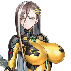  battle_suit battlesuit bodysuit brown_hair color deconstructor_azaz eyebrows_visible_through_hair eyes_visible_through_hair female female_focus female_only game_cg hair_behind_ear hair_between_eyes hair_ornament high_collar huge_breasts last_origin long_hair looking_at_viewer multicolored_hair serious serious_face serious_look shiny_bodysuit shiny_clothes taesi teal_eyes tight_bodysuit tight_clothing transparent_background upper_body weapon white_hair yellow_bodysuit 