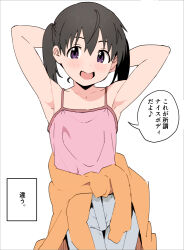  ahoge armpits arms_behind_head bare_shoulders black_hair blue_shorts blush camisole clothes_around_waist collarbone commentary_request cowboy_shot female ikumono kuraue_hinata looking_at_viewer open_mouth orange_sweater pink_camisole purple_eyes short_twintails shorts simple_background solo speech_bubble standing sweater sweater_around_waist translation_request twintails white_background yama_no_susume 