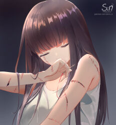  bare_arms bare_shoulders blunt_bangs brown_hair closed_eyes female holding holding_needle long_hair mimi_n needle original self-harm self-harm_scar sewing_needle shirt sleeveless sleeveless_shirt solo straight_hair upper_body very_long_hair 