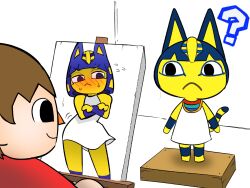  2024 4:3 animal_crossing ankha_(animal_crossing) ankha_zone blush blush_lines brown_hair clothed clothing digital_media_(artwork) domestic_cat duo easel felid feline felis female hair hi_res human male mammal nakineiriko nintendo painting question_mark villager_(animal_crossing) yellow_body 