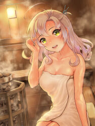  antenna_hair breasts commission female green_eyes grey_hair hair_tie isasin929 kantai_collection kinugasa_(kancolle) kinugasa_kai_ni_(kancolle) long_hair looking_at_viewer medium_breasts naked_towel one_side_up open_mouth pixiv_commission round_teeth sauna solo sweat teeth towel upper_teeth_only white_towel wooden_wall 