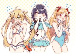  3girls arms_up artoria_caster_(fate) artoria_caster_(swimsuit)_(fate) artoria_pendragon_(fate) bare_shoulders bikini black_hair blonde_hair blush cowboy_shot ereshkigal_(fate) fate/grand_order fate_(series) frilled_bikini frilled_bikini_top frilled_one-piece_swimsuit frills green_eyes hair_between_eyes hair_over_one_eye kak_hac multiple_girls narrow_waist navel one-piece_swimsuit out_of_frame parted_bangs pleated_skirt red_eyes skirt space_ereshkigal_(fate) swimsuit thighs twintails type-moon upper_body yellow_eyes 