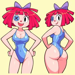  ass blue_one-piece_swimsuit bow breasts button_eyes buttons cleavage commentary english_commentary female hairbow hand_on_own_hip highres looking_at_viewer looking_back medium_breasts multiple_views one-piece_swimsuit ragatha_(the_amazing_digital_circus) red_hair shenanimation short_hair smile swimsuit the_amazing_digital_circus triangle_nose yellow_background 