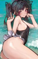  absurdres ass bare_arms black_hair black_one-piece_swimsuit closed_mouth female hair_ornament hair_ribbon halo highres himemiya_rie long_hair looking_at_viewer lying multicolored_hair naokomama on_side one-piece_swimsuit phase_connect red_eyes red_halo ribbon smile solo streaked_hair swimsuit twintails v virtual_youtuber water 