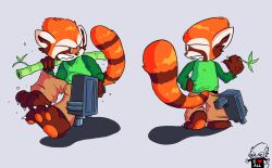  ailurid anthro bamboo big_tail bullet clothing doesidoe friday_night_funkin&#039; fur green_clothing green_shirt green_topwear gun hi_res humanoid khaki_pants male mammal markings newgrounds orange_body orange_fur paws pico&#039;s_school pico_(newgrounds) ranged_weapon red_panda sagging_pants shirt solo striped_markings striped_tail stripes submachine_gun tail tail_markings text text_on_clothing text_on_shirt text_on_topwear topwear undershirt uzi weapon 