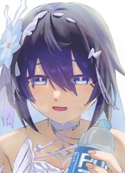  bare_shoulders black_hair blue_eyes blue_flower blush bottle commentary_request duoyun_de_tiankong female flower gradient_hair hair_flower hair_ornament holding holding_bottle honkai_(series) honkai_impact_3rd looking_at_viewer multicolored_hair nail_polish open_mouth pink_nails purple_hair seele_vollerei seele_vollerei_(herrscher_of_rebirth) simple_background solo sweat upper_body water_bottle white_background 