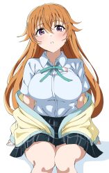  absurdres blue_shirt blue_skirt blush breasts collared_shirt commentary_request female green_ribbons hair_between_eyes hair_ornament hairclip highres jacket konoe_kanata large_breasts long_hair looking_at_viewer love_live! love_live!_nijigasaki_high_school_idol_club neck_ribbon nijigasaki_school_uniform orange_hair parted_lips plaid_clothes plaid_skirt pleated_skirt purple_eyes ribbon school_uniform shirt short_sleeves sidelocks sitting skirt solo summer_uniform uchuu_no_mozuku upper_body wavy_hair yellow_jacket 