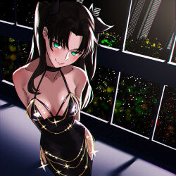  absurdres bare_shoulders black_dress black_hair breasts cleavage clothing_cutout collarbone dress fate/stay_night fate_(series) female from_above fukou gold_trim green_eyes halter_dress halterneck head_tilt highres light_blush looking_at_viewer medium_breasts parted_bangs side_cutout solo tohsaka_rin type-moon 