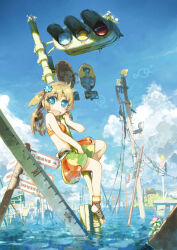  bikini bird blonde_hair blue_eyes blue_sky breasts cloud day female flood flower hair_between_eyes hair_ornament hanging highres konno_takashi light_brown_hair long_hair looking_at_viewer medium_breasts oerba_yun_fang open_mouth orange_bikini original outdoors shorts sign sky solo swimsuit toeless_legwear torii traffic_light water white_flower 