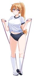  absurdres blue_buruma blush breasts brown_hair buruma commentary_request ereka female full_body gym_shirt gym_uniform hair_between_eyes hair_ornament hairclip highres jump_rope konoe_kanata large_breasts long_hair looking_at_viewer love_live! love_live!_nijigasaki_high_school_idol_club midriff_peek navel orange_hair purple_eyes shirt short_sleeves simple_background smile solo wavy_hair white_background white_shirt 