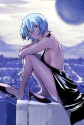  arm_rest ass ayanami_rei bare_back bare_shoulders black_dress black_footwear blue_hair breasts city cloud commentary dress elbow_rest female from_side full_body hair_between_eyes halter_dress halterneck high_heels highres hugging_own_legs knees_up large_breasts light_smile looking_at_viewer looking_to_the_side moon neon_genesis_evangelion red_eyes removing_shoes shoes shoulder_blades sideboob single_barefoot single_shoe sitting sky solo white_sky yagisawa_teru 