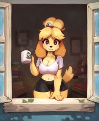  5_fingers animal_crossing anthro asimos bell big_breasts black_bottomwear black_clothing black_nose black_shorts blonde_hair blush book bottomwear bra_strap breasts brown_body brown_eyes canid canine canis clothing coffee_cup coffee_machine container crop_top cup detailed_background domestic_dog eyebrow_through_hair eyebrows female fingers floppy_ears flower flower_pot fog fur hair hi_res holding_container holding_cup holding_object hotpants isabelle_(animal_crossing) leaf looking_at_viewer mammal midriff navel nintendo open_window plant shirt shorts signature smile solo steam t-shirt tail thick_thighs topwear translucent translucent_hair white_clothing white_eyes white_shirt white_topwear window yellow_body yellow_fur 