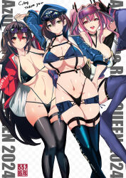  3girls :d ahoge arm_up armpits azur_lane baltimore_(azur_lane) baltimore_(finish_line_flagbearer)_(azur_lane) bare_shoulders bikini black_bikini black_choker black_hair black_thighhighs blue_bikini blue_footwear blue_hat blue_jacket blue_shorts boots breasts bremerton_(azur_lane) brown_hair chest_harness choker cleavage closed_mouth clothes_writing collarbone comiket_104 commentary_request covered_nipples cropped_jacket crossed_bangs eyewear_on_head gloves grey_hair hair_between_eyes hair_intakes hair_ornament hand_on_own_hip harness hat highleg highleg_bikini highres jacket large_breasts long_hair looking_at_viewer merican_sack micro_shorts mismatched_bikini multi-strapped_bikini_bottom multicolored_hair multiple_girls navel no_mole off_shoulder official_alternate_costume open_clothes open_jacket open_mouth peaked_cap pink-tinted_eyewear pink_eyes pink_hair race_queen red_eyes red_jacket short_hair shorts sidelocks skindentation smile standing stomach streaked_hair sunglasses swimsuit taihou_(azur_lane) taihou_(enraptured_companion)_(azur_lane) teeth thigh_boots thigh_strap thighhighs tinted_eyewear twintails two-tone_hair underbust unitard upper_teeth_only very_long_hair white_background white_unitard yellow_eyes 