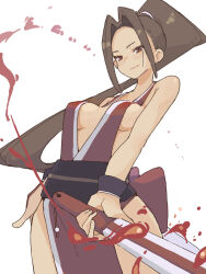  blood breasts brown_eyes brown_hair cleavage dress female hand_fan high_ponytail highres holding holding_fan long_hair looking_at_viewer motoyui obi ooiwa_(irc14786149) pelvic_curtain red_dress revealing_clothes sash shiranui_mai sideboob simple_background solo the_king_of_fighters white_background 