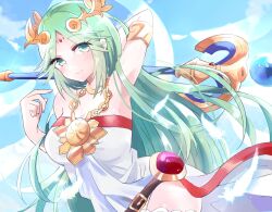  arm_behind_head ayametoru blue_sky breasts chains cleavage diadem dress feathers female gold_chain green_eyes green_hair highres holding holding_staff kid_icarus kid_icarus_uprising long_hair looking_at_viewer palutena sky solo staff strapless strapless_dress 