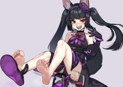  animal_ear_fluff animal_ears armpit_crease bare_legs bare_shoulders barefoot belt black_belt black_dress black_hair blush bow bowtie breasts character_request copyright_request cup dress drinking_glass elbow_gloves eyelashes fangs feet female flower footprints full_body gloves grey_background hair_flower hair_ornament hairband hand_up highres k-rha&#039;s knee_up legs long_hair looking_at_viewer open_mouth purple_bow purple_bowtie purple_flower purple_footwear purple_hairband red_eyes sandals short_dress simple_background sitting small_breasts soles solo sweatdrop toes twintails unworn_sandals very_long_hair wine_glass 