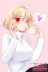  antenna_hair arcueid_brunestud blonde_hair blush breasts cake cake_slice closed_mouth dated eating female food food_in_mouth food_on_face hair_between_eyes happy_birthday heart highres holding holding_cake holding_food jewelry large_breasts long_sleeves looking_at_viewer necklace one_eye_closed pink_background red_eyes short_hair simple_background smile solo sukiniyaru sweater tsukihime tsukihime_(remake) turtleneck turtleneck_sweater twitter_username white_sweater 