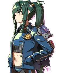  absurdres black_shorts blue_gloves blue_jacket blunt_bangs braid breasts crop_top female gloves green_eyes green_hair hair_ribbon highres jacket long_hair long_sleeves midriff navel nosuku open_clothes open_jacket police_badge qingyi_(zenless_zone_zero) ribbon shorts side_braids small_breasts solo twintails zenless_zone_zero 