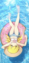  arm_up armpits bare_shoulders bikini blonde_hair blush_stickers breasts brown_hat camui1104 commentary doughnut doughnut_innertube eating female floating food food_in_mouth from_above full_body hat highres kicking knees_together_feet_apart long_hair looking_at_viewer looking_up lounging lying midriff monogatari_(series) mouth_hold navel on_back on_innertube oshino_shinobu partially_submerged pool shadow small_breasts solo sprinkles straw_hat sun_hat swimsuit thigh_gap upside-down water white_bikini yellow_eyes 