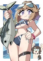  1boy absurdres animal armedrabbit arms_up aviator_sunglasses bikini blue_bikini blue_eyes border breasts brown_hair closed_mouth collarbone commander_(girls&#039;_frontline) commission commissioner_upload eyewear_on_head female fish from_below girls&#039;_frontline grizzly_mkv_(girls&#039;_frontline) hand_on_own_hip hand_up highres holding holding_animal holding_fish large_breasts long_hair looking_at_viewer mackerel_(fish) medium_hair mole mole_under_eye navel nipples ocean open_mouth outdoors ponytail purple_eyes red_wristband smile solo_focus sunglasses swimsuit thigh_strap wet white_border 