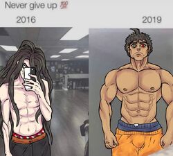  2boys before_and_after black_hair bulge danganronpa danganronpa_2:_goodbye_despair heterochromia hinata_hajime humor izuru_kamukura long_black_hair long_hair_male male male_focus male_only meme muscular muscular_male pale-skinned_male pale_skin pecs selfie shlugbear straight_hair tan_skin 