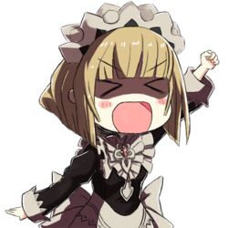  &gt;o&lt; apron blonde_hair blush bow chibi closed_eyes commentary damagefloor female fire_emblem fire_emblem_fates maid_(fire_emblem) maid_apron maid_headdress open_mouth simple_background solo transparent_background upper_body 