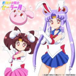  2girls :3 animal_ears bishoujo_senshi_sailor_moon bishoujo_senshi_sailor_moon_s blue_skirt brown_hair carrot choker commentary_request cone_hair_bun cosplay elbow_gloves finger_gun fluffy gloves gradient_background hair_bun highres inaba_tewi long_hair magical_girl multiple_girls parody pink_background pink_sailor_collar pink_skirt pleated_skirt pose purple_hair rabbit_ears red_eyes reisen_udongein_inaba sailor_chibi_moon sailor_chibi_moon_(cosplay) sailor_collar sailor_moon sailor_moon_(cosplay) sailor_senshi sailor_senshi_uniform shirosato short_hair skirt smile sparkle_background thighs tiara touhou translation_request tsuki_ni_kawatte_oshioki_yo twintails very_long_hair white_gloves 