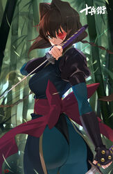  ass bodysuit braid breasts brown_hair commentary_request dutch_angle eyepatch female fingerless_gloves gloves heart heart_eyepatch highres holding jubei-chan katana long_hair medium_breasts nanohana_jiyuu ninja outdoors photoshop_(medium) red_eyes serious solo sword twin_braids weapon yd_(orange_maru) 