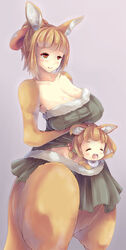  2girls age_difference baby babywearing bare_shoulders breasts brown_hair cleavage collarbone commentary_request cowboy_shot dunceneygak fur grey_background headpat highres huge_breasts kangaroo kangaroo_girl monster_girl mother_and_daughter motherly multiple_girls orange_eyes original photoshop_(medium) simple_background skirt smile 