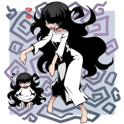  black_eyes black_hair blush chibi female heart kara_age long_hair looking_at_viewer messy_hair noroino_hanako open_mouth parody smile socks solo the_ring very_long_hair yamamura_sadako_(cosplay) youkai_watch 