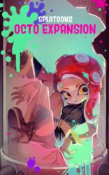  agent_8_(splatoon) chkuyomi commentary_request crop_top dark-skinned_female dark_skin fangs female korean_commentary looking_at_viewer midriff navel octoling octoling_girl octoling_player_character pink_hair pointy_ears red_hair shirt simple_background skirt solo splatoon_(series) splatoon_2 splatoon_2:_octo_expansion squidbeak_splatoon tentacle_hair 