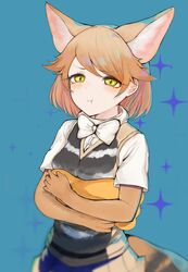  :t animal_ears bad_id bad_twitter_id black-backed_jackal_(kemono_friends) blonde_hair bow bowtie collared_shirt cowboy_shot crossed_arms dnsdltkfkd extra_ears female highres jackal_ears jackal_tail kemono_friends pleated_skirt pout shirt short_hair short_sleeves skirt solo vest yellow_eyes 